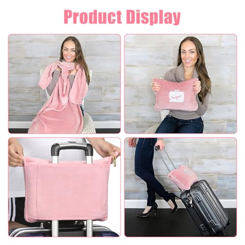 LUFEIS Travel Blanket and Pillow, 2 in 1 Airplane Blanket with Soft Bag Pillowcase, Portable Travel Blankets with Hand Luggage Belt and Backpack Clip, Ideal for Long Flights, Camping (Pink) - Image 6