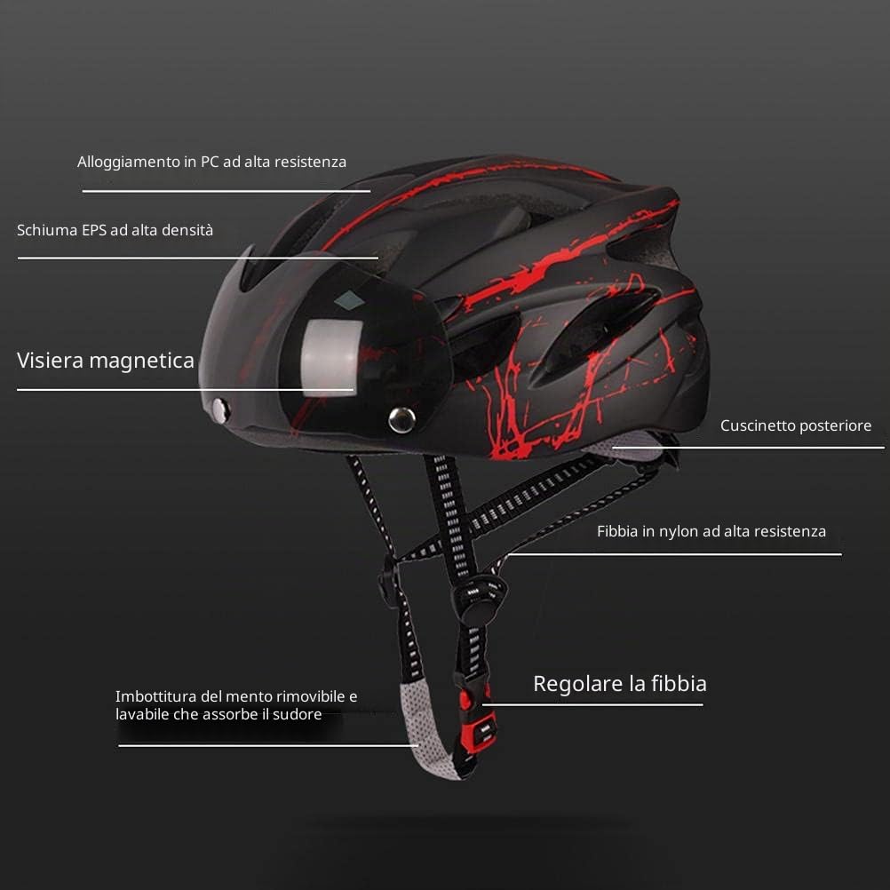Casco da Ciclismo Casco Protettivo per Uomo Adulto e Donna con Visiera Magnetica (Blu nero)