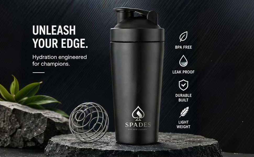 Image of SPADES Stainless Steel Gym Shaker Bottle 750ml with Mixing Ball | Leakproof Protein Shaker for Gym, Wide Mouth, Leckproof, Measurement Markings, Sipper Cap | Metal Shaker for Men (Black /P1)
