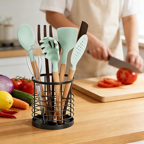 Image of WDT Tool Utensil holder for Kitchen Counter - 5.2 inch x 5.2 inch x 6 inch Large Round Utensils Holder with Wooden Base Matte Black Cooking Utensil Holder，Kitchen countertop Utensil Organizer (Metal-1)