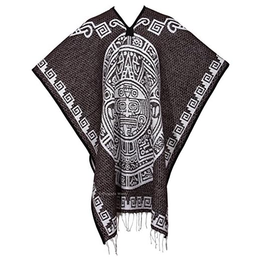 threads west Authentic Mexican Poncho Reversible Cobija Blanket - Aztec Calendar Brown (Square Design)