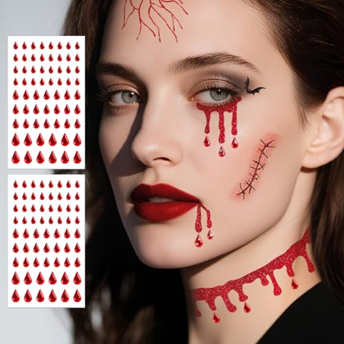 Leesgel Halloween Decorations- Glitter Vampire Face Temporary Tattoos with Self Adhesive Face Gems Perfect for Halloween Costumes, Makeup, Party Favors, Stickers, Goodie Bag Stuffers for Women Girls
