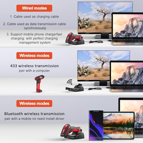 Symcode MJ-1911-RED 2D Industrial Barcode Scanner With Stand 433 Wireless 1968 Feet Transmission Distance Usb Qr Automatic Barcode Reader Handhold Hands-Free Bar Code Scanner thumb #2