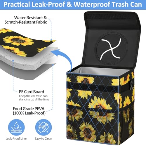 Image of ELONGRIVER Car Trash Can Bin for Back Seat Leak Proof, Cute Car Trash Bag Hanging, Vehicle Trash Can for SUV Truck Van, Automotive Garbage Cans Front Seat Sunflower Floral