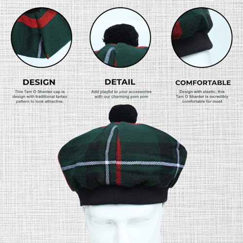 Image of Scottish Tam O' Shanter Hat Tartan Bonnet Pom Pom Wool Flat Cap One Size