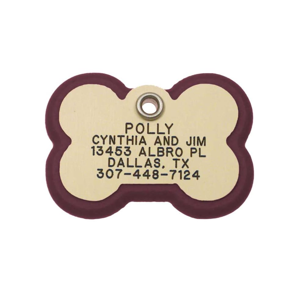 LuckyPet Pet ID Tag, Bone Frame Tag, Rugged Dog Tags with Colorful Frame, Custom Engraved, Large, Burgundy & Ivory Plastic