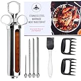 Professional Meat Injector Marinade Syringe Kit for Smoking & Grilling Turkey, Brisket & BBQ - Large 2 Oz Stainless Steel Visible Capacity - Never Leaks or Clogs + 100% Food Safe & Built to Last Years