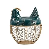 porta uova a forma di gallina, in ceramica e rete metallica, elemento decorativo da cucina, per contenere uova, snack, frutta, colore: oro e verde