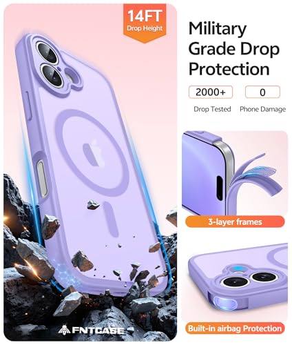 Image of FNTCASE for iPhone 16 Case: [Compatible with Magsafe] Translucent Matte Cases with [Full Camera Protection] [Screen Protector] Military Grade Shockproof Protective Phone Cover - Light Purple