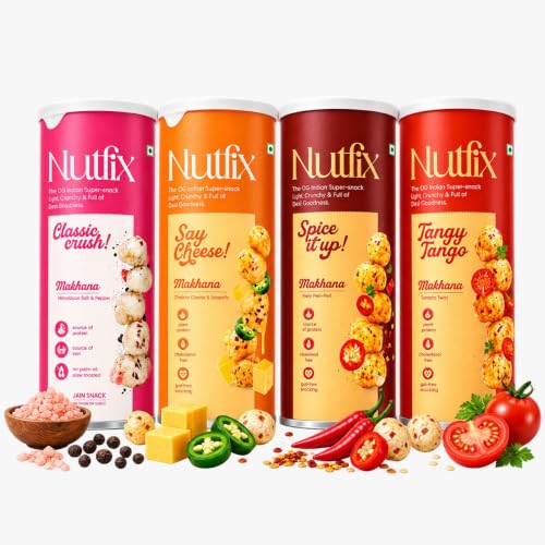 Image of Nutfix Best of Nutfix Roasted Makhana Combo Pack of 4 (300g) | Himalayan Salt & Pepper, Cheddar Cheese Jalapeno, Fiery Peri Peri & Tangy Tomato | Crunchy Phool Makhana Fox Nuts | Assorted Savoury Snacks