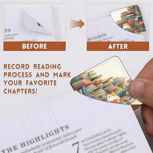 Image of Set of 2 Cute Cat Reading Bookmarks 3.54x3.54in Leather Square Book Markers Colorful Bookshelf Kitten Gift for Women Book Lovers Spring