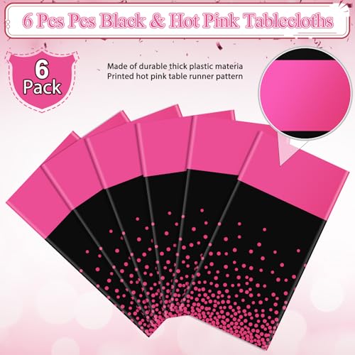 Image of 6Pcs Black Hot Pink Tablecloth Party Decorations,Plastic Black Table Cloth Printed Hot Pink Table Runner Disposable Rectangle Cover for Birthday Wedding Anniversary Graduation Party,54x108 Inch