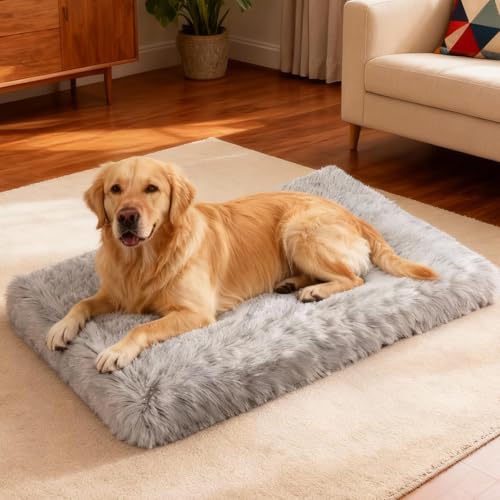 Image of Orthopedic Memory Foam Dog Bed Medium Size Crate Pad 35 x 22 Inch Gray | Dual-layer support with removable washable plush cover waterproof liner nonslip base for kennel car and home use up to 60 lb