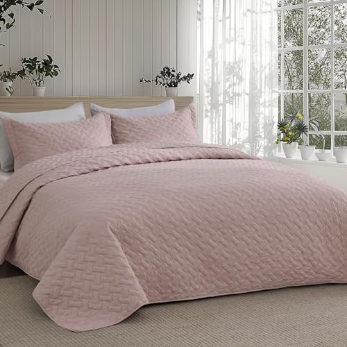 Image of Bedsure Quilts Queen Size - Lightweight Bedspreads Queen Size with Basket Weave Pattern, Soft Quilt Bedding Set, Dusty Rose Comforter Set Coverlet for All Seasons with 2 Pillow Shams (90 inch x 96 inch)