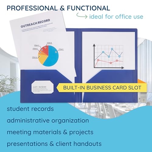 Blue Summit Supplies 6 Pack Multicolor Two Pocket Plastic Folders with Pockets, Heavy Duty Colored 2 Pocket Plastic Folders for School, and Business Card Slot, Home, and Work