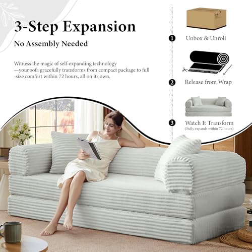 Image of Boneless Couch Futon Sofa Bed Sectional Couches for Living Room,Cloud Couch with Sleeper Sofa,Sofas for Living Room Oversized Corduroy Upholstered (Light Grey, 76 Inches (No Iron Frame))