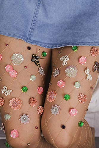 Image of Ulalaza Sparkle Hollow Out Letter Nude Colorful Rhinestone Hot Drilling Fishnet Pantyhose Tights for women Luminous