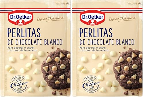 DR. OETKER - Perlitas de Chocolate Blanco 100 g, Pepitas de Chocolate para Repostería y Pastelería, Textura Crujiente, Bolsa Doypack con Cierre Zip (Paquete de 2)