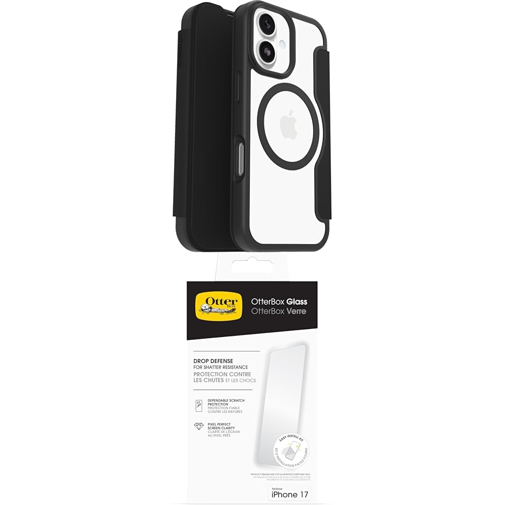 OtterBox React Series Folio MagSafe funda para iPhone 17, Testada según los Estándares Militares, Negro + OtterBox Glass Protector de Pantalla de Cristal Templado para iPhone 17