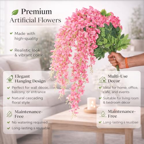 Image of CraftVatika Pink Cascading Wisteria Artificial Flower Bunch with Flexible Stems | Realistic Hanging Floral Bouquet | Decorative Flower for Wall Vase, Living Room | Wedding Anniversary Party Gift