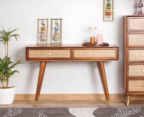 Image of Fern Rattan Solid Wood Study Table | Cane Work Writing Table with 2 Drawers | Mango Woods, Honey Ideal for Home Decor