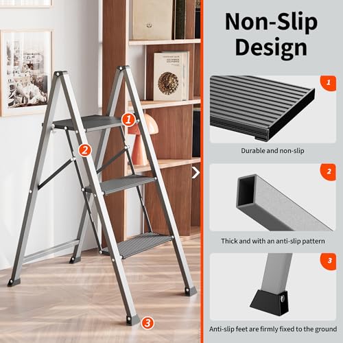 Image of 3 Step Ladder, 800 Lbs Aluminum Ladder, Silver