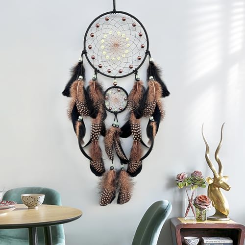 6.3" Dream Catcher Wall Hanging for Home Decoration, 6.3" x 20" Traditional Circular Net with Brown Feathers & Luminous Beads for Bedroom Decor - Image 3