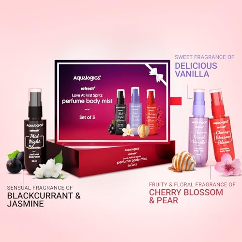 Image of Aqualogica Refresh+ Love at first spritz Set of 3 Perfume Body Mist| Travel-Friendly | Long-lasting & Hydrating | Perfect for Gifting