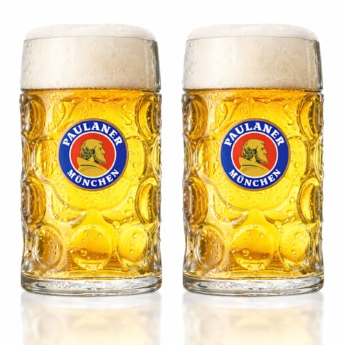 BestPlug 2 Stück Original Paulaner Maßkrüge Maßkrug Maß Bier Krug Gläser-Set mit Logo, 1l, transparent