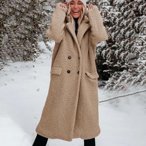 Womens Fuzzy Fleece Jacket Sherpa Trench Coat Trendy Double Breasted Open Front Long Cardigan with Pocket S-XXL4