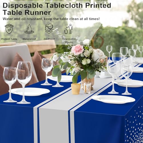 Image of 6 Pack Blue and Silver Tablecloth Party Decorations Plastic Blue Tablecloth Printed Silver Table Runner 54 x108 Inch Disposable Rectangle Table Cover for Birthday Wedding Graduation