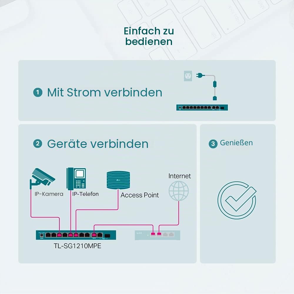 TP-Link TL-SG1210MPE Gigabit 10 Port Managed PoE Switch (8 Gigabit PoE+ Ports, 1* Gigabit SFP Port, 123 W, IEEE-802.3af/at, Plug-and-Play, QoS, IGMP,lüfterlos) Schwarz