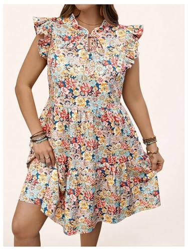 Image of Floerns Women's Plus Size Striped Tie Neck Dress Ruffle Cap Sleeve Short Tiered Dresses