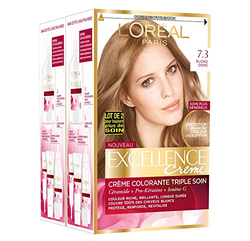 Coloration 7.3 Blond Doré Triple Soin Couvre 100% Cheveux Blancs Excellence Crème 'oreal Paris La Boîte - vue 3