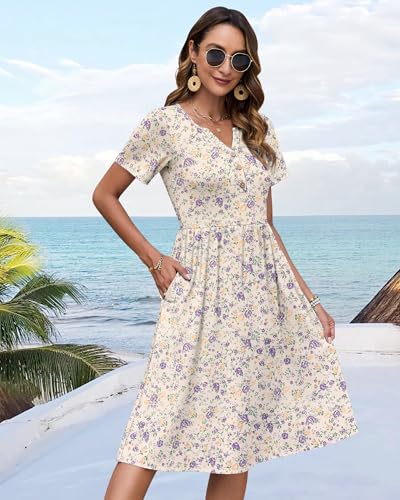 Image of WNEEDU Women V Neck Button Down Empire Waist Midi Summer Dress with Pockets