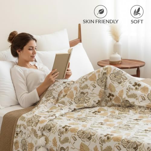 Image of HOMEMONDE 100% Cotton Reversible Dohar Double Bed Size | 300 TC AC Blanket Comforter | Soft Lightweight Bed Blanket Quilt (84 X 94 Inch, White & Dark Camel, Pack of 1)