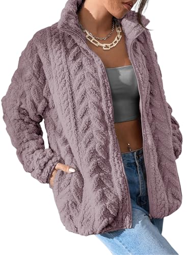 Dokotoo Winter Fleece Womens Jackets Oversized Zipper Up Winter Baggy Long Sleeves Side Pockets Plus Size Solid Color Short Coats Plus Size,Purple Medium
