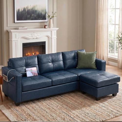 Image of 88 inch Blue Faux Leather Sofa, L-Shaped Sectional Couch with USB, Living Room | TYBOATLE, Blue Faux Leather Sectional Sofa, L Shaped Couch, Modular Convertible Design, Chaise, Side Pockets, Office, Bedroom