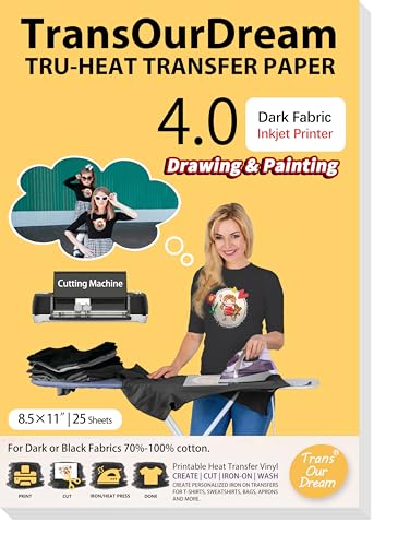 TransOurDream Drawable Heat Transfer Paper for T Shirts (25 Sheets 8.5x11, Dark 4.0) Printable HTV Heat Transfer Vinyl for Inkjet Printer DIY Iron On transfers for Dark Fabrics (TRANS-D4-20)