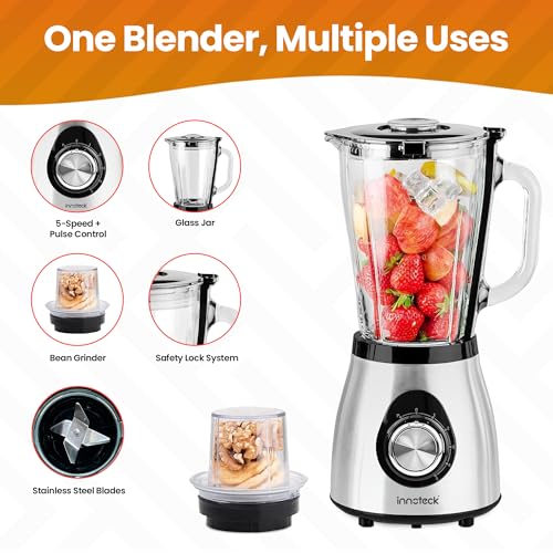 Innoteck 1.5L Food Processor & Blender with Glass Jar, 5 Speed Control, 500W Multifunctional Smoothie Maker, Bean Grinder & Spice Mill Kitchen Gadget for Juices & Milkshakes - Image 6