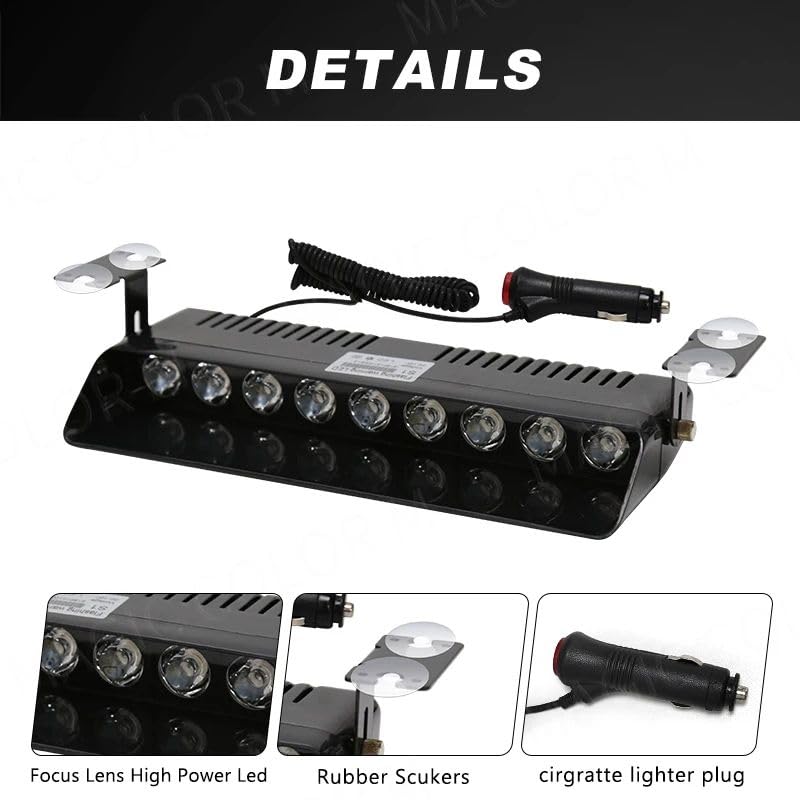 Image of AutoBizarre 12V Car Dash Emergency Warning Strobe Red Blue Flasher Windshield Sucker LED light With Multiple Flashing Modes For All Cars, Emergency Vehicles, etc. (9 LED Red Blue White)