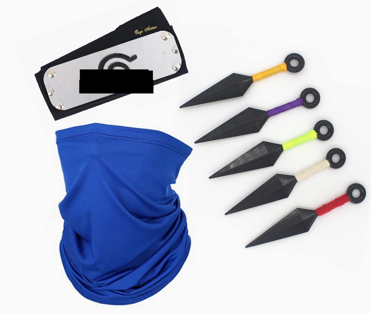 Ouye Anime Leaf Village Kunai Ninja Cosplay Headband, Kakashi Cosplay Mask Veil Leaf Village Headband Forehead Protector and Face Mask 7Pack(Blue)