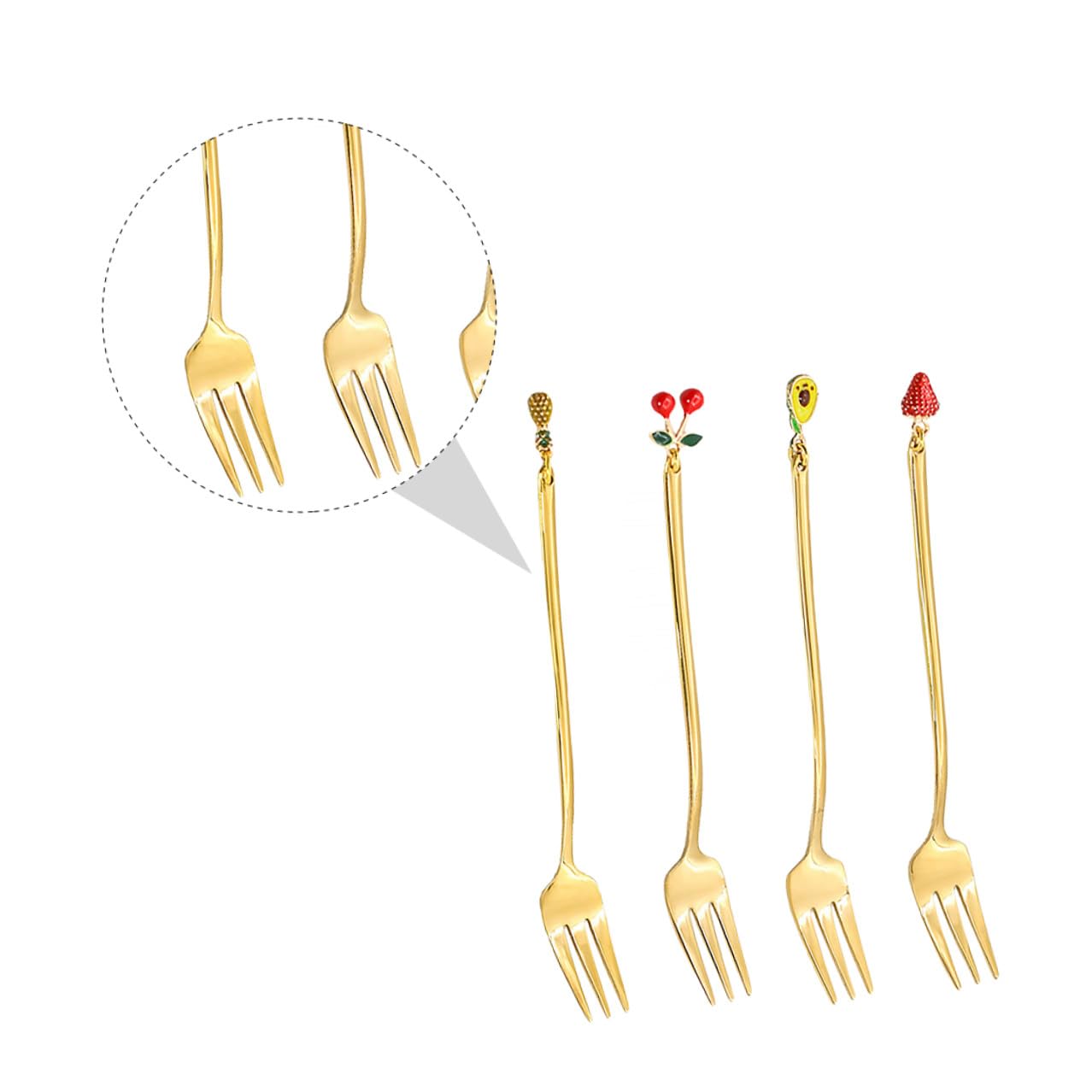 Tenedores de Postre Decorativos Colgante de Fruta, 4 Piezas | Acero Inoxidable Dorado, Pulido Espejo, Agarre Cómodo y Estilo Creativo para Mesa y Café