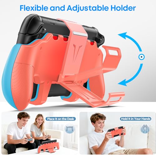 Image of OIVO Grip Compatible with Nintendo Switch 2, Switch 2 Ergonomic Grip Case with Adjustable Stand, Comfort Game Accessories with 5 Game Card Slots and 4 Thumb Caps, Blue Orange