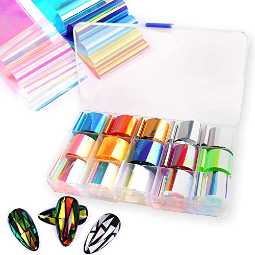 Glass Nail Stickers Strips, Danneasy 15 Rolls Nail Foil Gradient Aurora Laser Design Glass Fragments Paper Full Nail Wraps Diy&Salon Manicure Accessories #TOP22