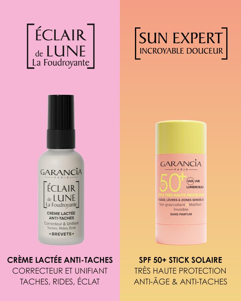 Garancia Rituel Anti-Taches Crème Lactée + Stick Solaire SPF50+ Éclat Teint | Crème lactée aux nacres illuminatrices et stick SPF50+ invisible. Unifie, corrige, protège, résultats dès 7 jours