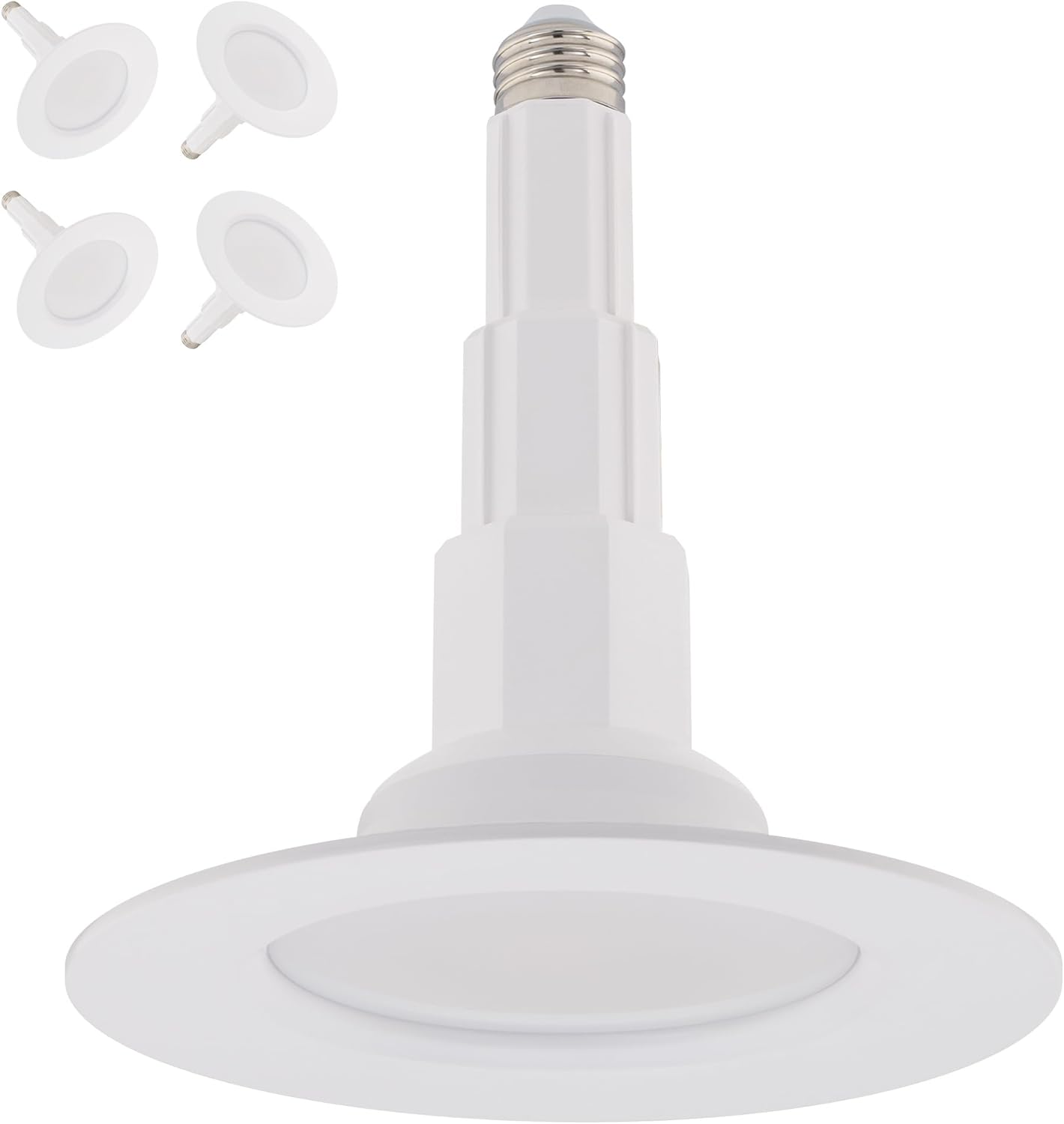 Just Screw Me in 6in LED Recessed Retrofit Light for E26 or Medium Base 4, 5, or 6 Inch Recessed Cans with Telescoping Neck and 5-CCT 2700-3000-3500-4000-5000K in White (Pack of 4)