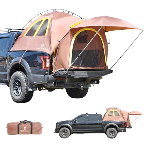 Umbrauto Truck Bed Tent with Awning: 6.4-6.7FT PU3000mm Waterproof Tailgate Pickup Truck Tents, Easy Set-up for 2 Person, Fits Full Size Short Bed, Chevy, Dodge, Ford, GMC, Brown