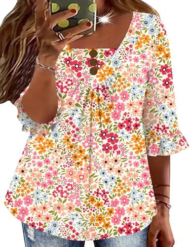 TFSDOD Womens Plus Size 3/4 Ruffle Sleeve Tunic Tops V Neck Pleated Dressy Casual Shirts Floral Print Blouses (1XL-5XL)