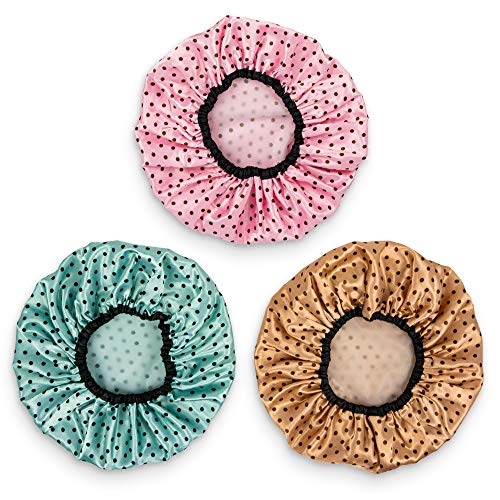 Shower Caps for Women 3 Pack in Different Colors - Large Opening for Short and Long Hair - Reusable Bath Hair Cap for Ladies, Men and Kids